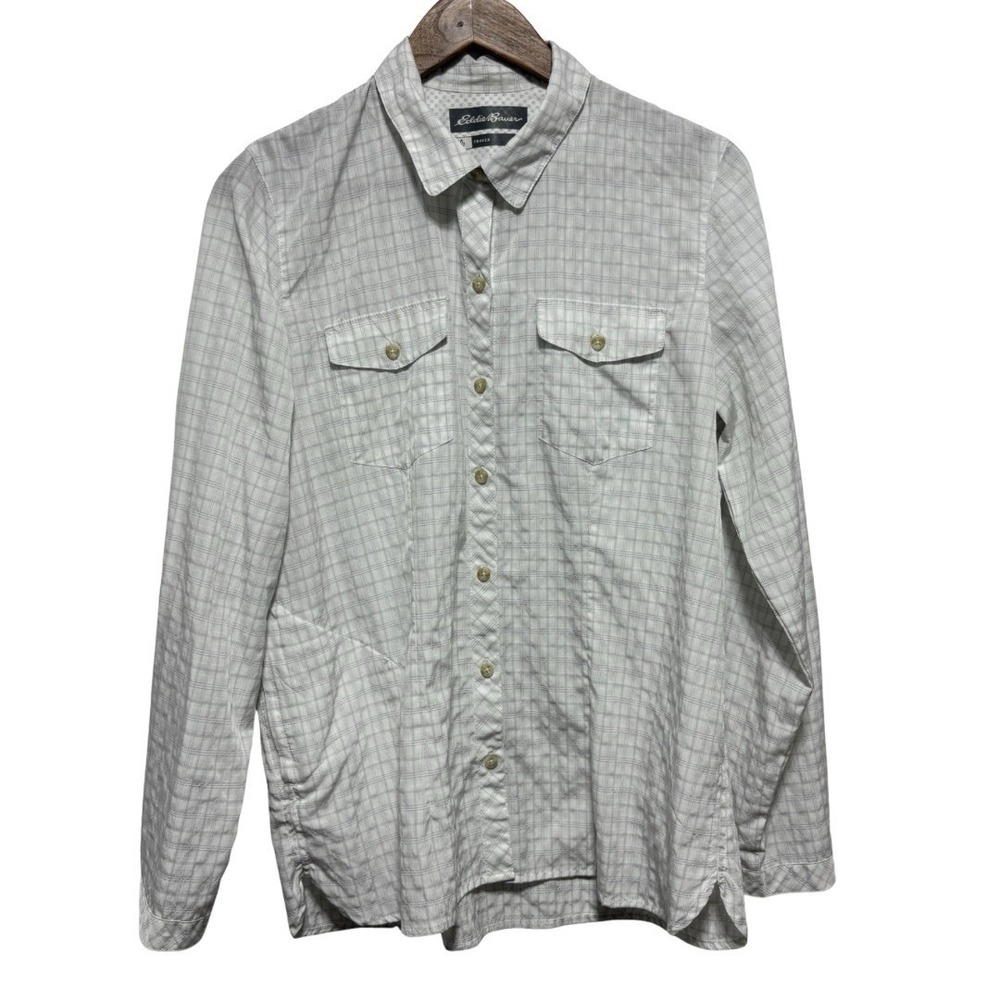 Eddie Bauer Travex Blouse Womens L White Button Front Zip Pocket Long Sleeve